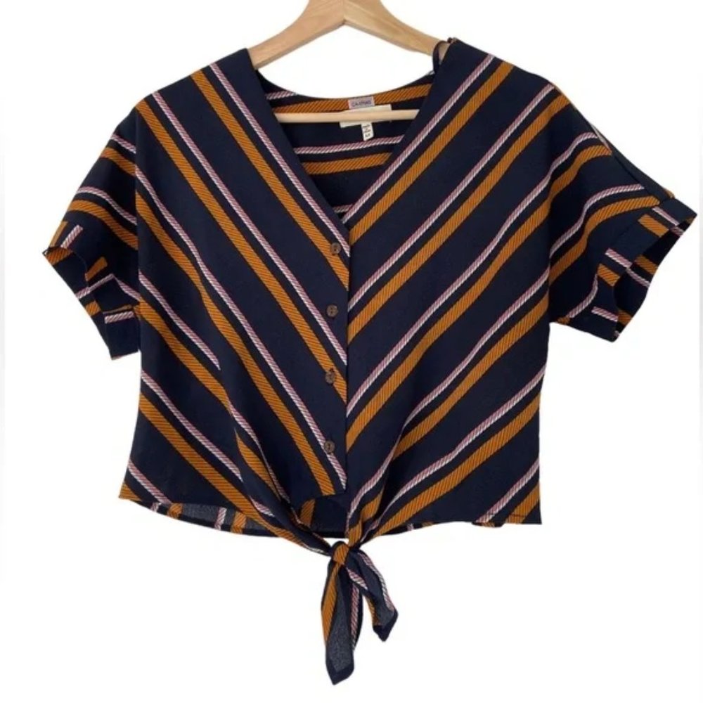 MONTEAU NAVY/ORANGE/PINK STRIPED CROP LENGTH BUTTON DOWN TIE TOP/BLOUSE, MEDIUM